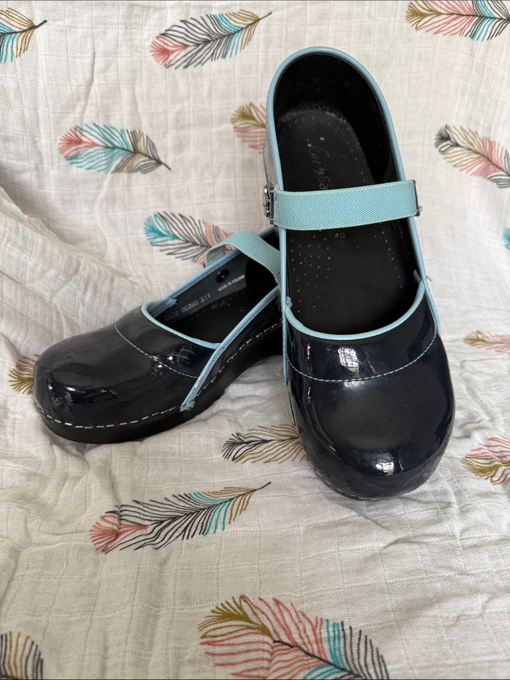 Sanita Navy Patent Mary Jane Clogs with Light Blue Strap